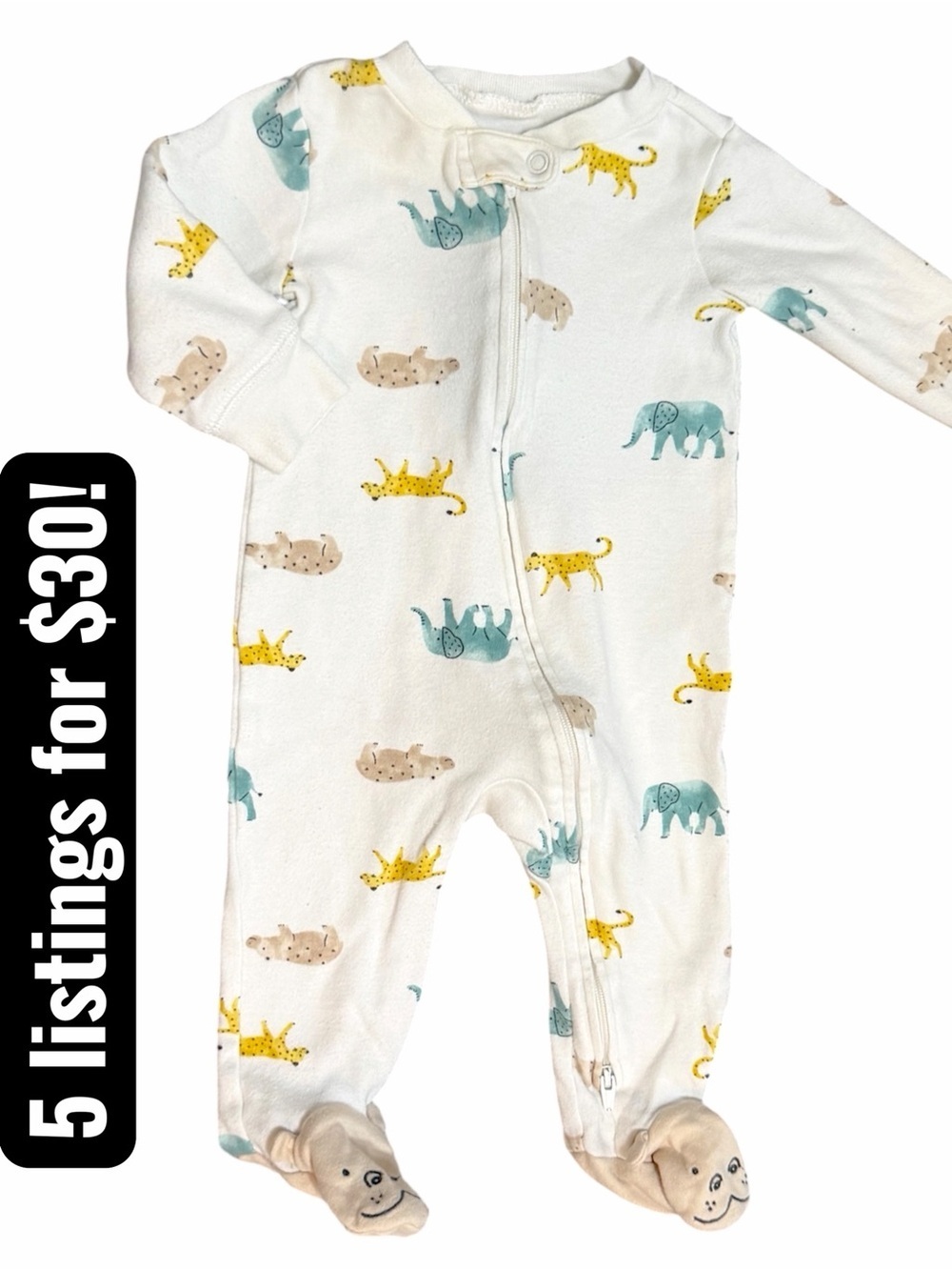 Carter's White Footed Animal Print Zip Pajamas 6 Months Baby Boy